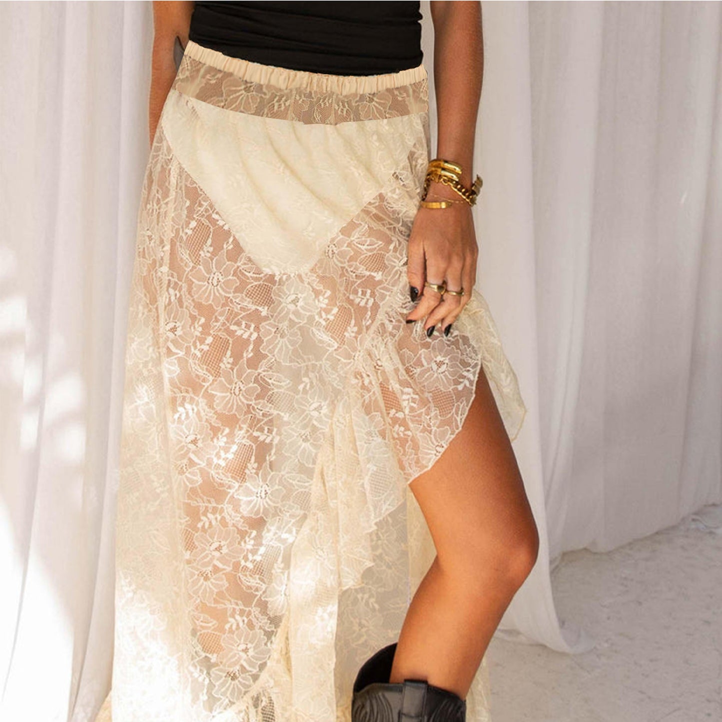 BC  Asymmetrical Lace  Flowy Vintage High Waist Ruffle Midi Aesthetic See Through Elastic Skirts