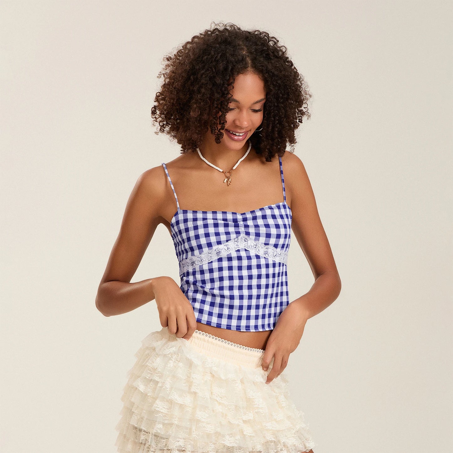 BC Straps Plaids Camis Sleeveless Lace Patchwork Low Cut Crop Tops
