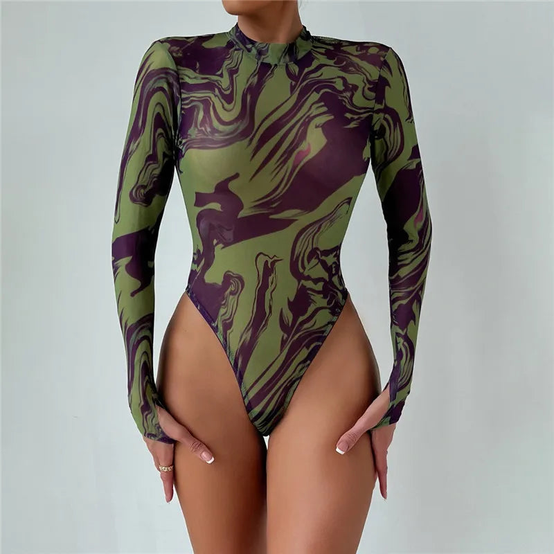 BC Green Tie Dye Bodysuit Mock Neck Mesh Summer
