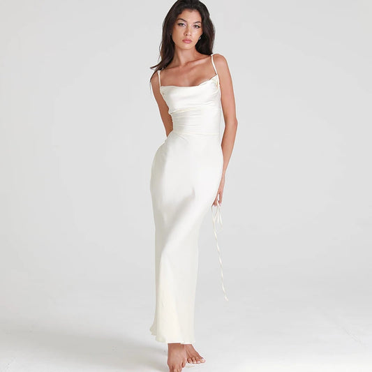 Queeny Satin Backless Bandage Maxi Dress