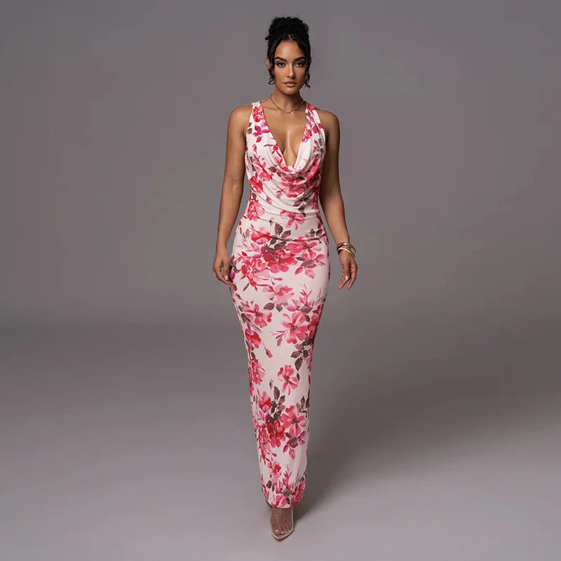 Skyla Sleeveless Backless Long Floral Dress