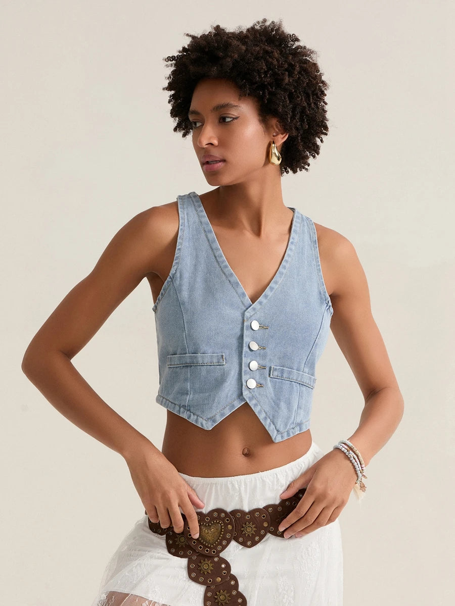 BC Cropped Jeans Waistcoats Sleeveless V Neck Button-down Denim Vests