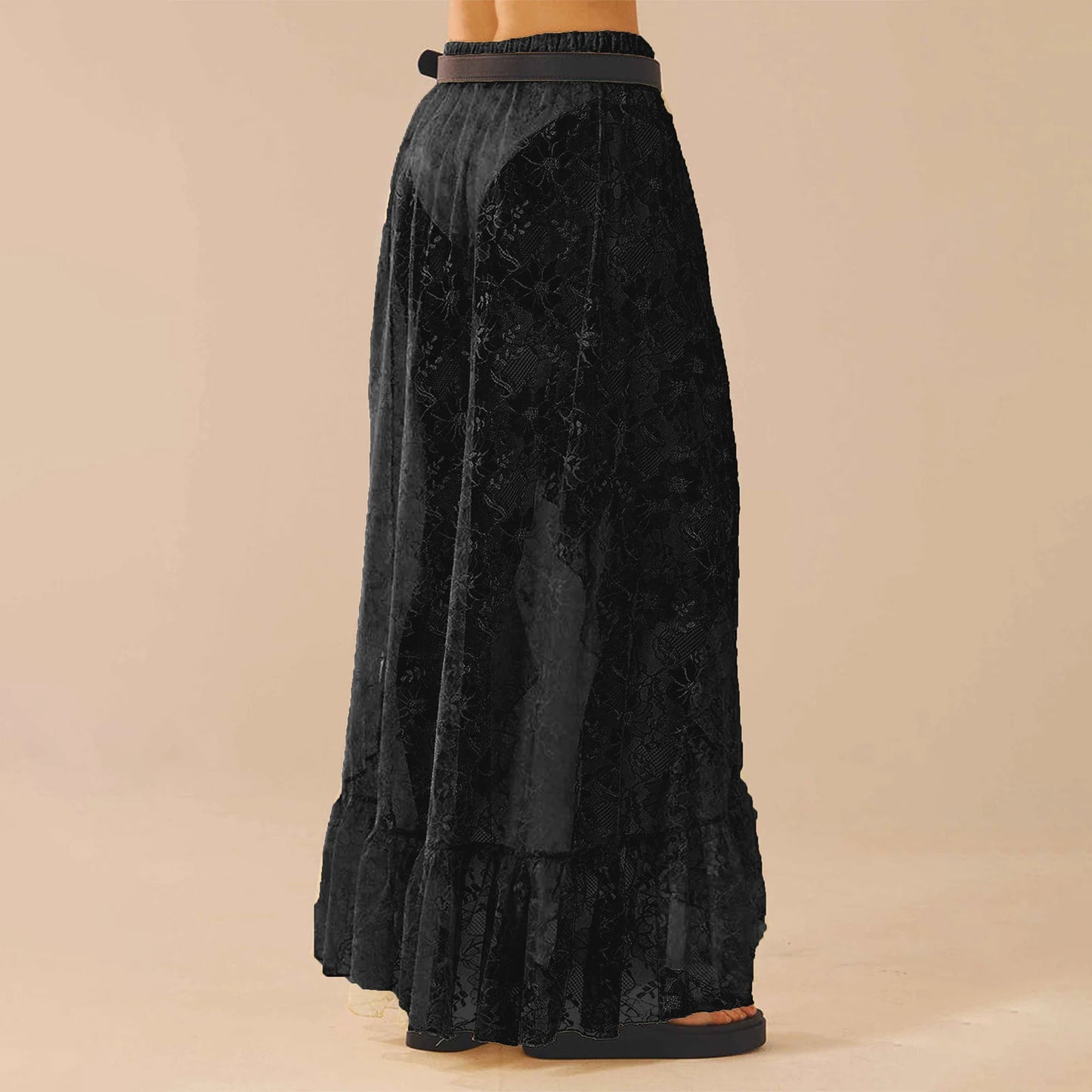 BC  Asymmetrical Lace  Flowy Vintage High Waist Ruffle Midi Aesthetic See Through Elastic Skirts