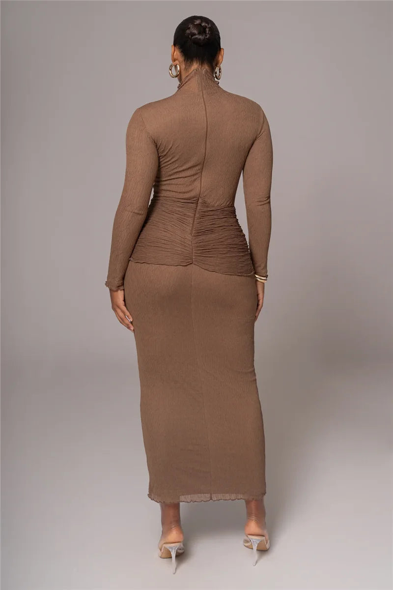 MUA Elegant Long Sleeve Drape Turtleneck Ruched Long Dress