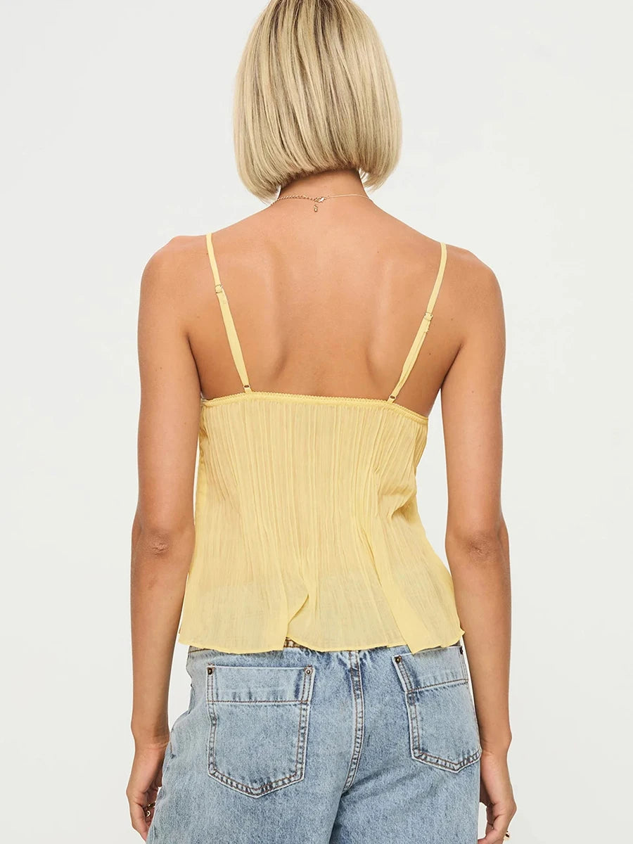 Drew Pleated Cami Mini Bowknot Front Spaghetti Strap V-Neck Lace Cropped Tops