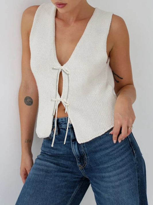 DC Knit Vest Fitted V Neck Sleeveless Bandage Open Front Tie-Up Hollow Out Tank Tops