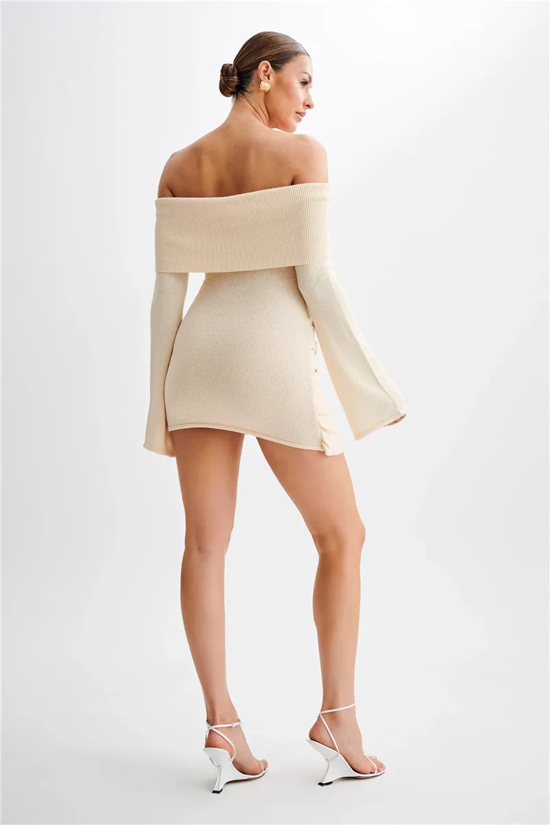 MUA Off-shoulder Knit Strapless Backless Long Sleeve Ruched Draped Knitted Mini Dress