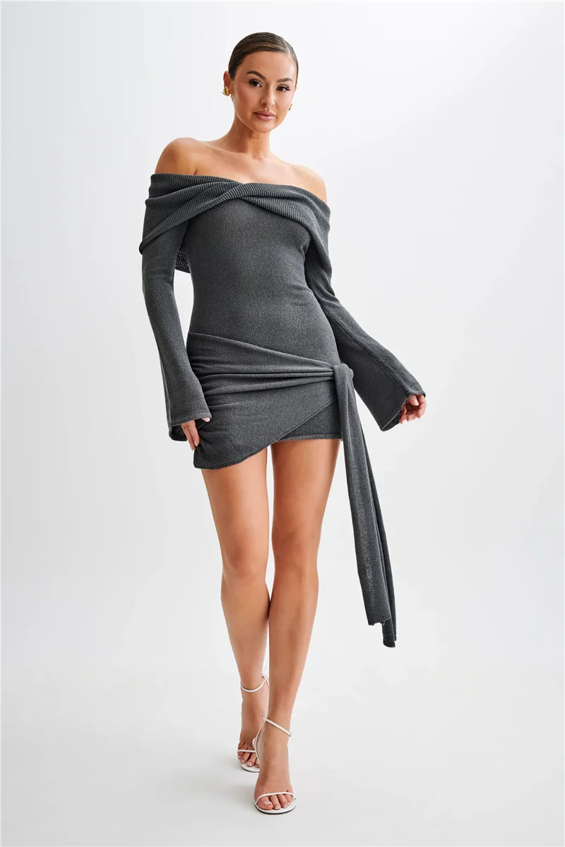 MUA Off-shoulder Knit Strapless Backless Long Sleeve Ruched Draped Knitted Mini Dress