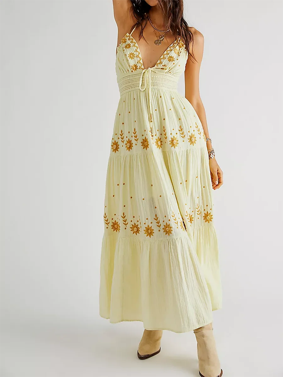 BC Flower Embroidery Tie-Up Halter Neck Sleeveless Backless A-line Dress