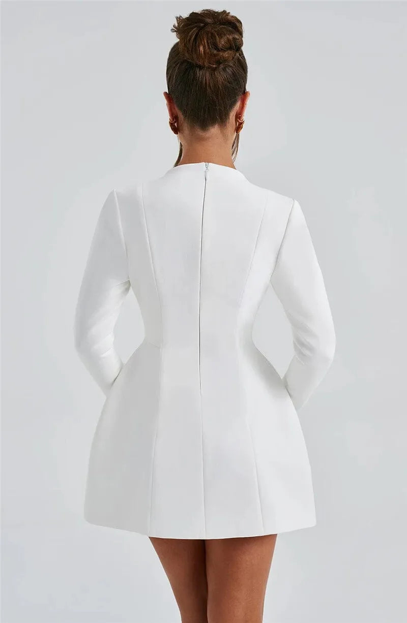 BC Deep V Neck Long Sleeve Two Pocket High Waist A-line Dress