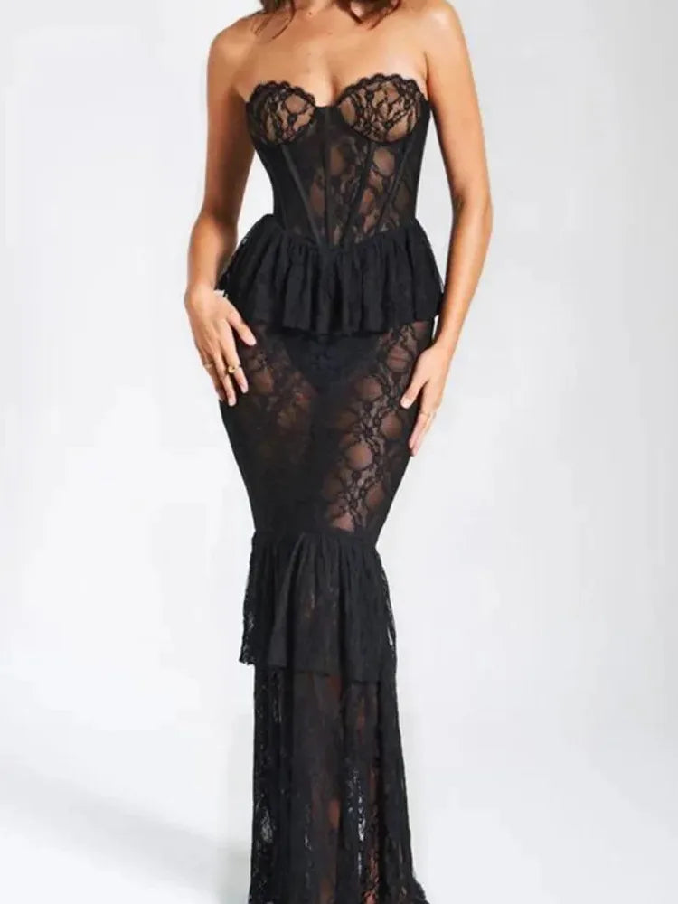 BC Lace SleevelessOpen Back Ruffle Edge Pleated Perspective Dress