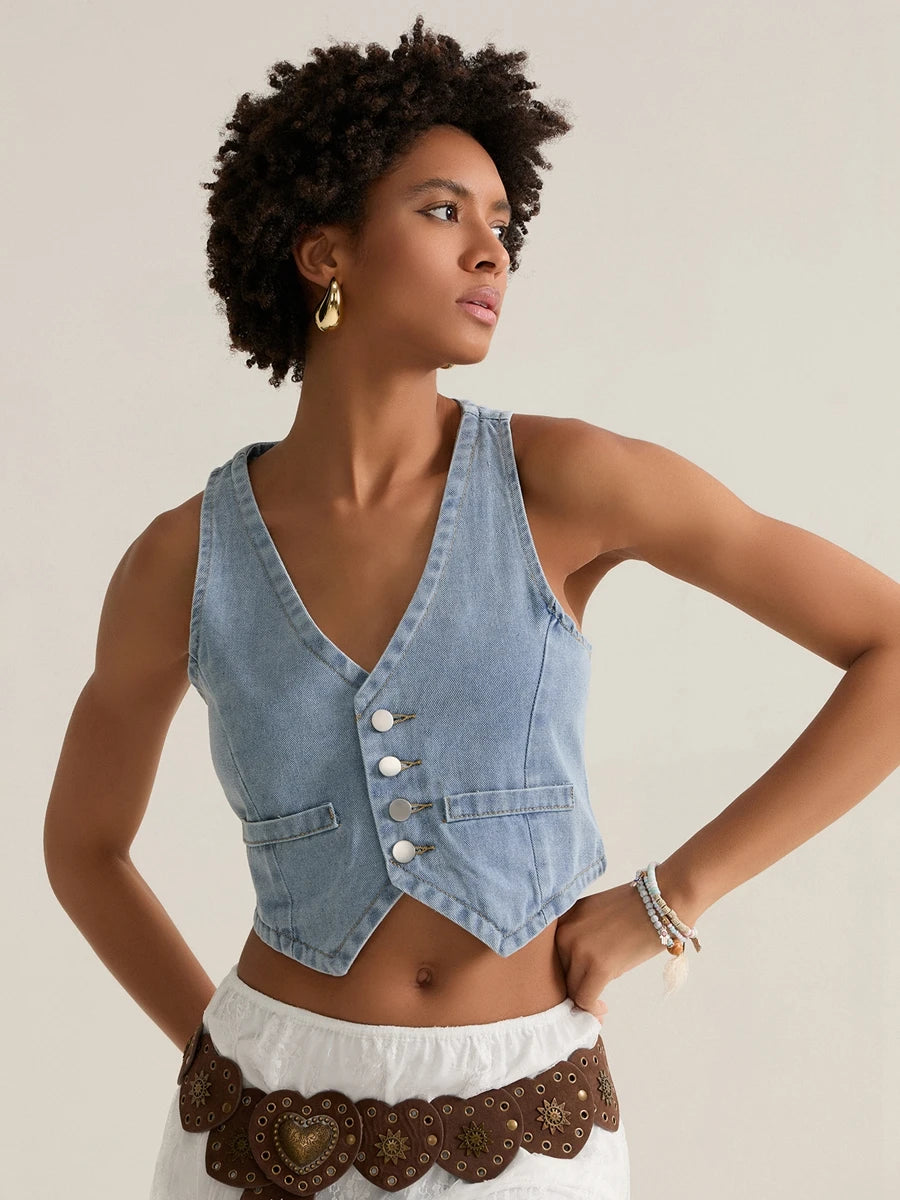 BC Cropped Jeans Waistcoats Sleeveless V Neck Button-down Denim Vests