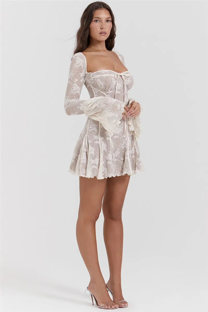 MZ Square Collar Long Sleeve Backless Loose Lace Dress