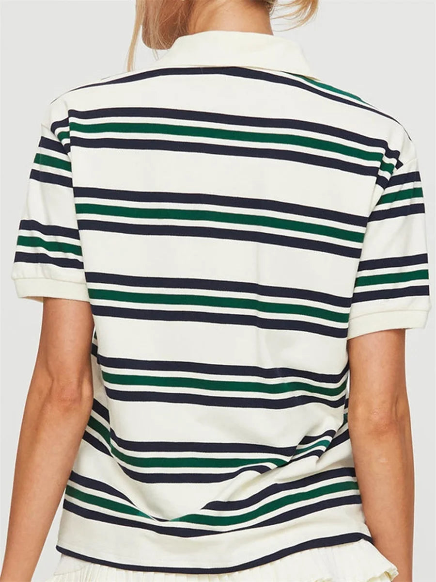 Bia Casual Striped Print Lapel Short Sleeve T-shirt