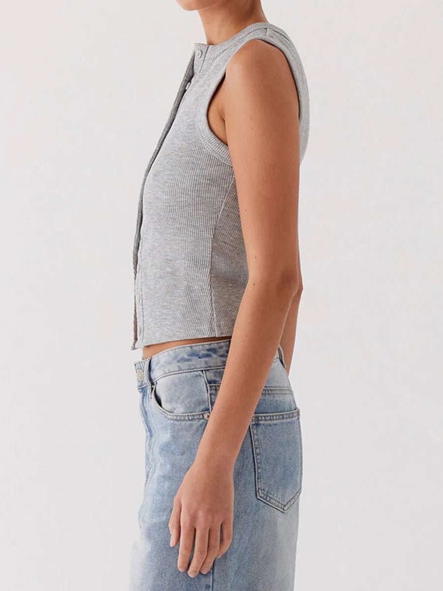 Vintage Ribbed Button Tank Tops Sleeveless Aesthetic Crop Top