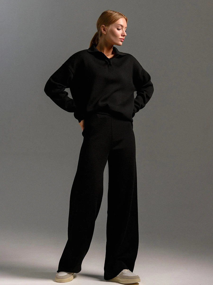 Bony Knitted Suits Soft Sets Polo Neck Sweater & Wide Leg Pants