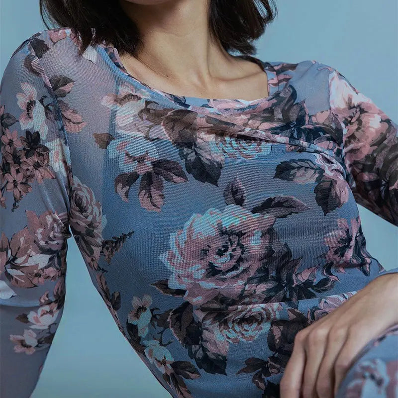 BC Floral Print O-Neck Long Sleeves Maxi Mesh Sheer Dress
