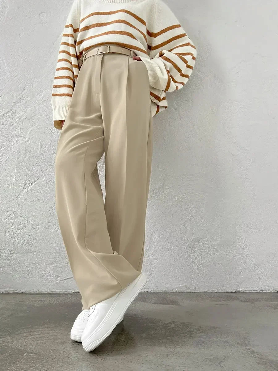 Wolf Full Length Trousers High Waist Pants Pockets Pleated Wide Leg