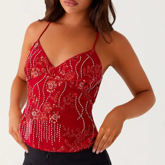 Summi Y2k Sequin Halter Crop Tops Pearl  Glitter V Neck Rhinestone