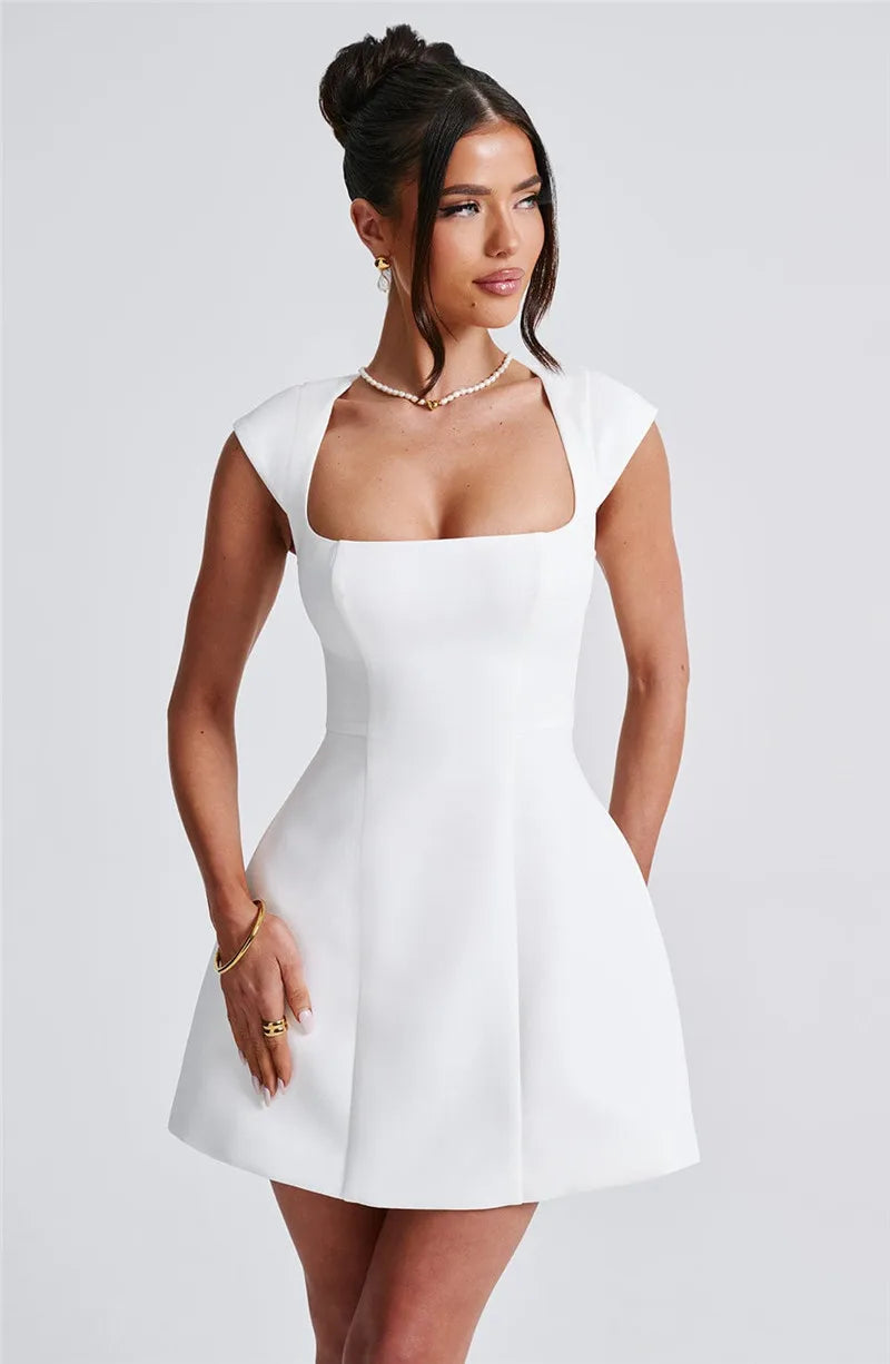 Moz Square Collar Short Sleeve A-line Loose High Waist Elegant Mini Dress