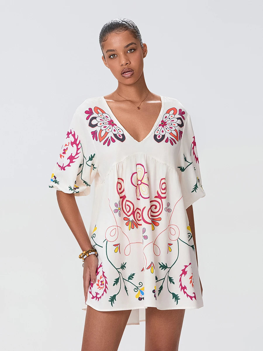 BC Floral Print Loose Mini Dress Sleeve V-Neck