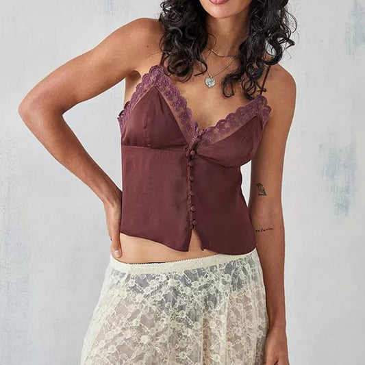 Comb Vintage V Neck Cami Sleeveless Spaghetti Strap Button Down Lace Trim Aesthetic Backless Tank Tops