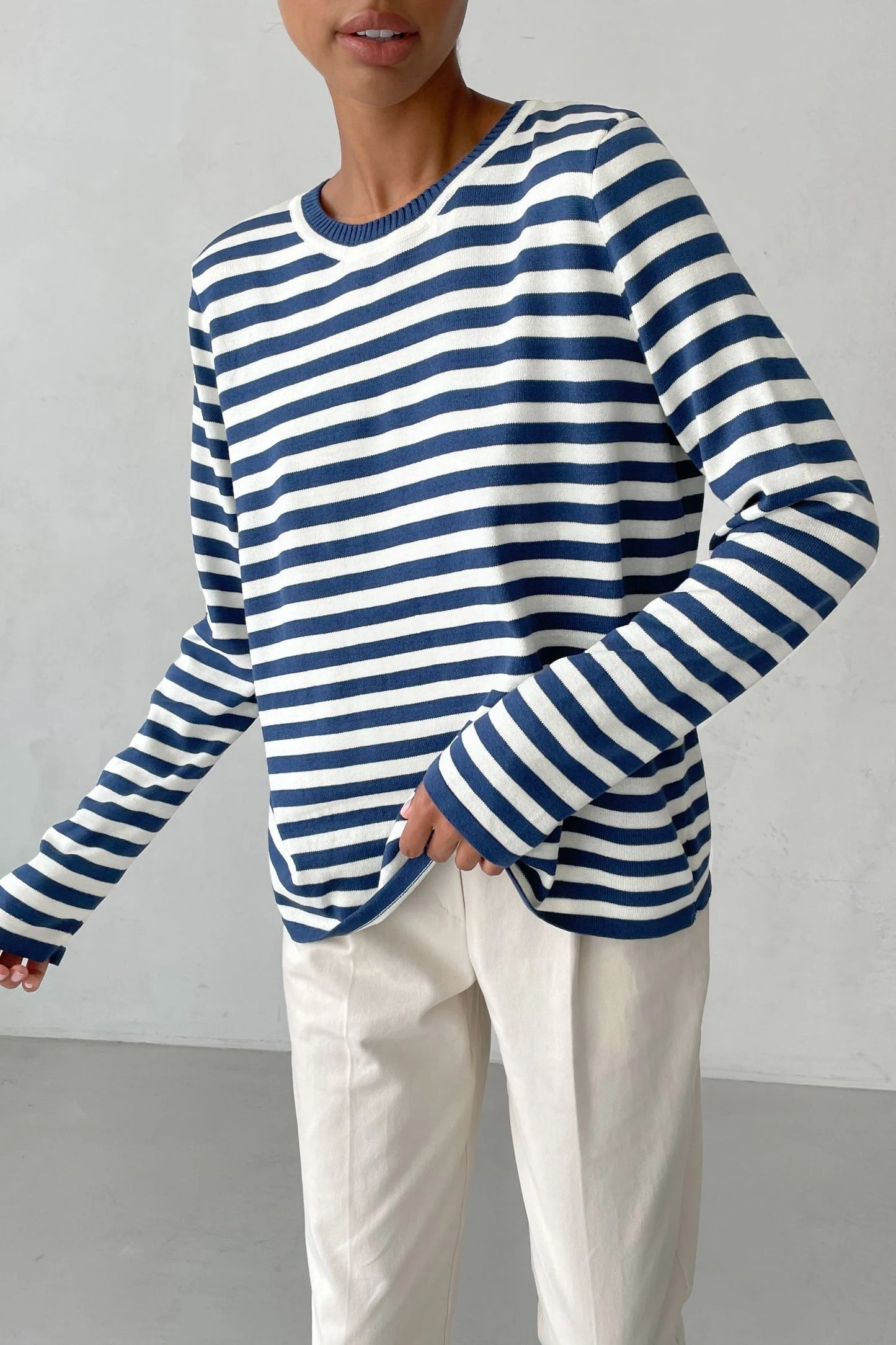 BC Knitted Stripe Loose Pullovers Warm Long-sleeved Round Neck Tops