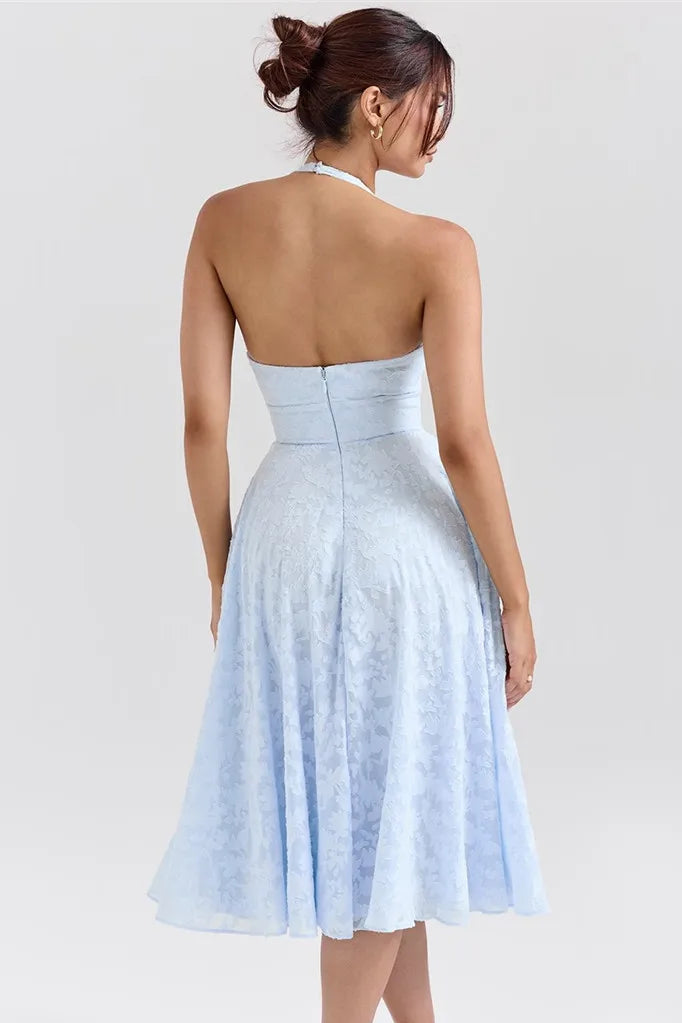 LU Deep V Neck Halter Sleeveless Backless A-line Loose Pleated  Mid Dress