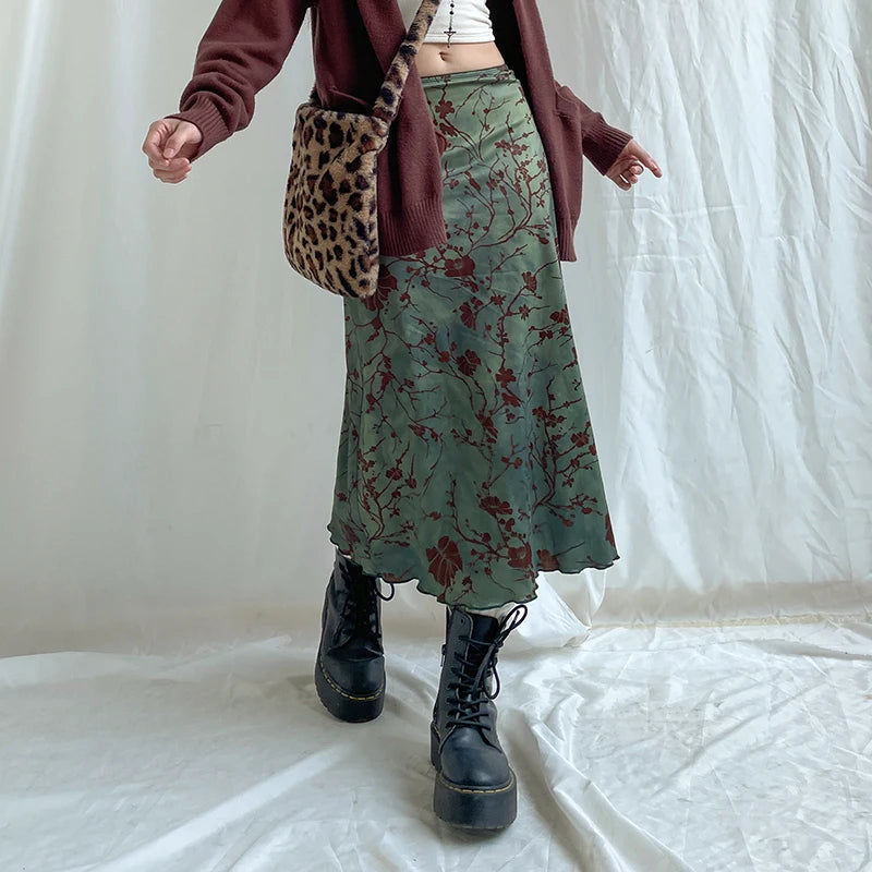 Suk y2k Vintage Floral Printing Midi Skirt