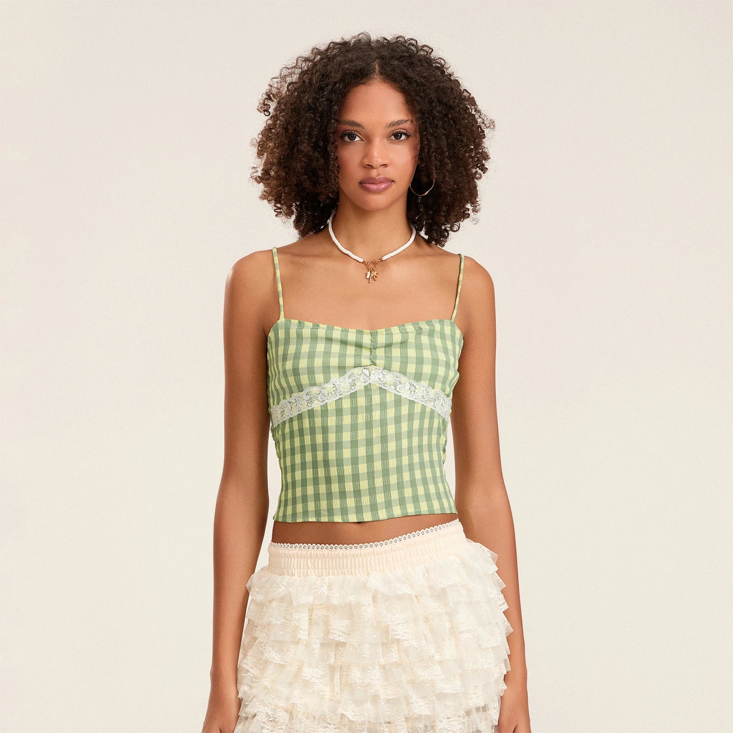 BC Straps Plaids Camis Sleeveless Lace Patchwork Low Cut Crop Tops