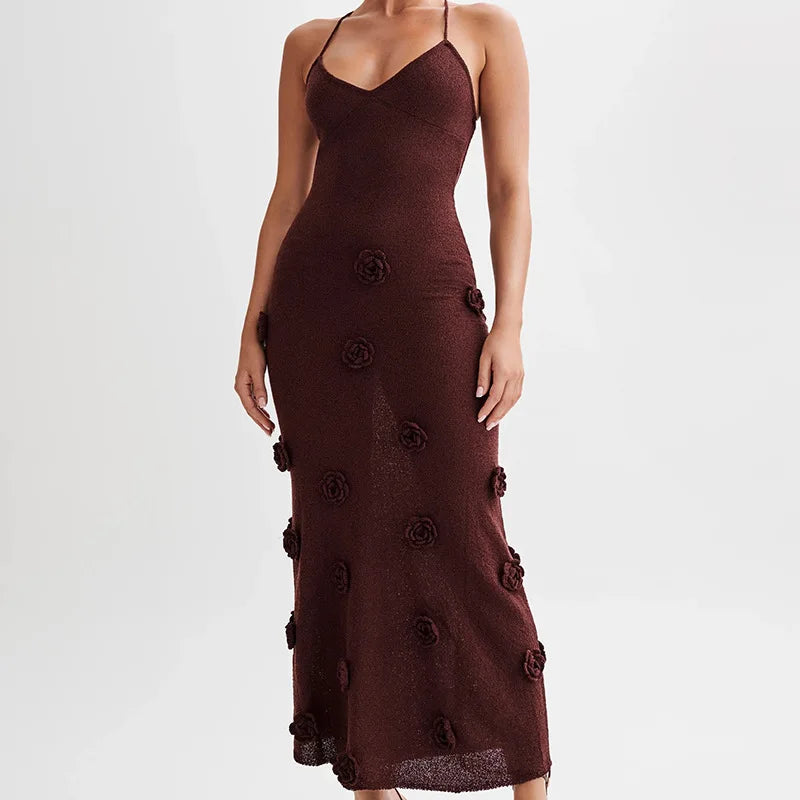 3D Flower Knitted Sling Long Dress Deep V-neck Backless Sleeveless Lace Up