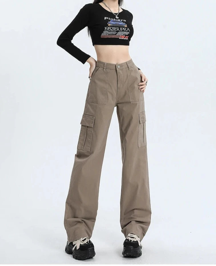 Cargo Straight Leg High Waist Pocket Trousers