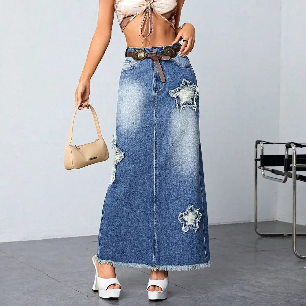Vintage Slit Denim Baggy High Waist Skirt
