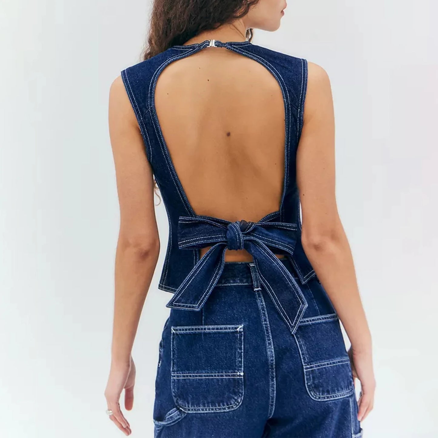 BC Open Back Denim Vest Top High Neck Sleeveless Jeans