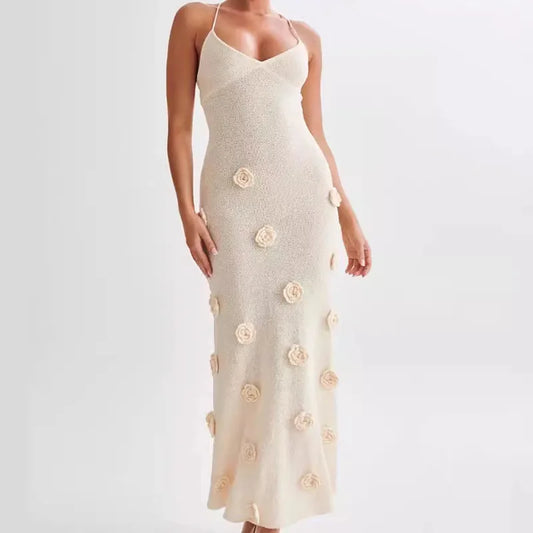 3D Flower Knitted Sling Long Dress Deep V-neck Backless Sleeveless Lace Up