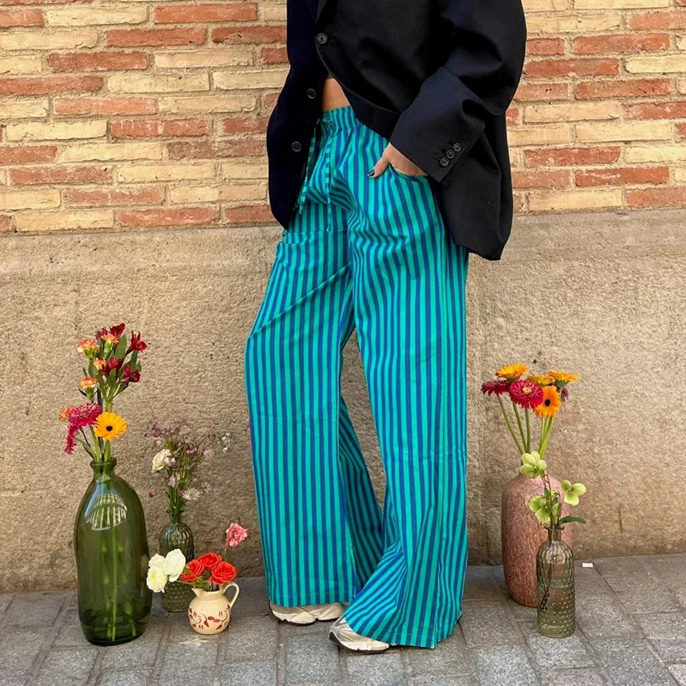BC Y2K Vintage Drawstring Elastic Low Waist Wide Leg Striped Trousers