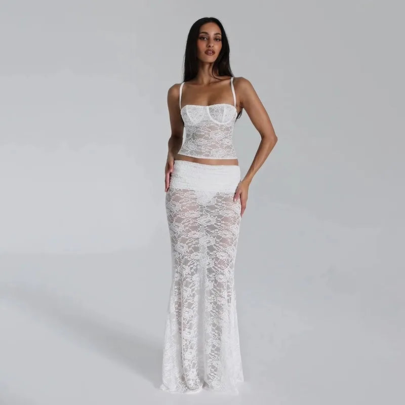 Camila See-Through Lace Set Crop Top Skirt