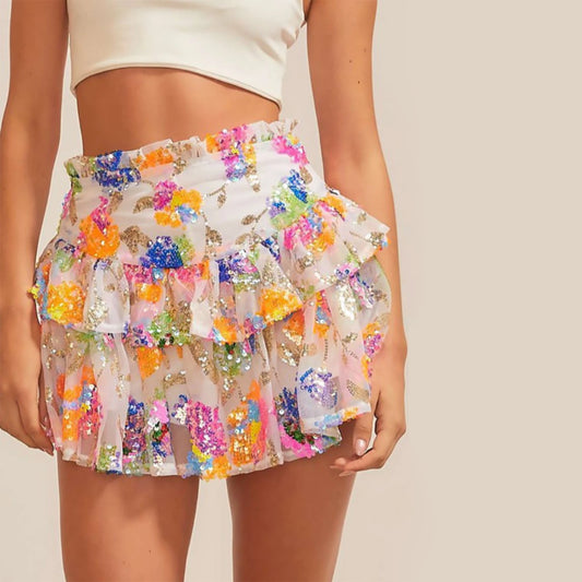 Flora Y2K Glitter Shiny Sequins Ruffles Zipper High Waist Skirt