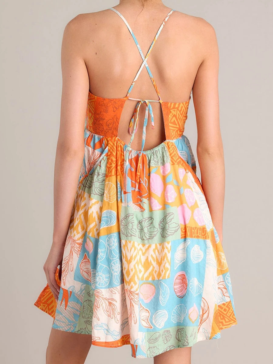 BC Boho Floral Print Spaghetti Strap with Open Back and Ruffle Hem Mid Dress