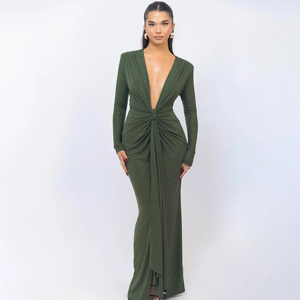BC Talli Elegant Long Sleeve Elastic Tight  Deep V-Fold Lace Dress