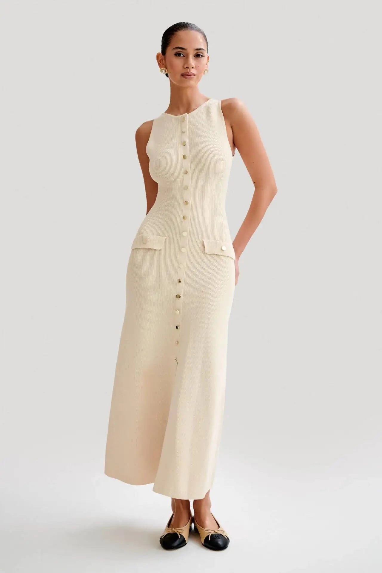 Knitted Breasted Long Dress Sleeveless O Neck Button