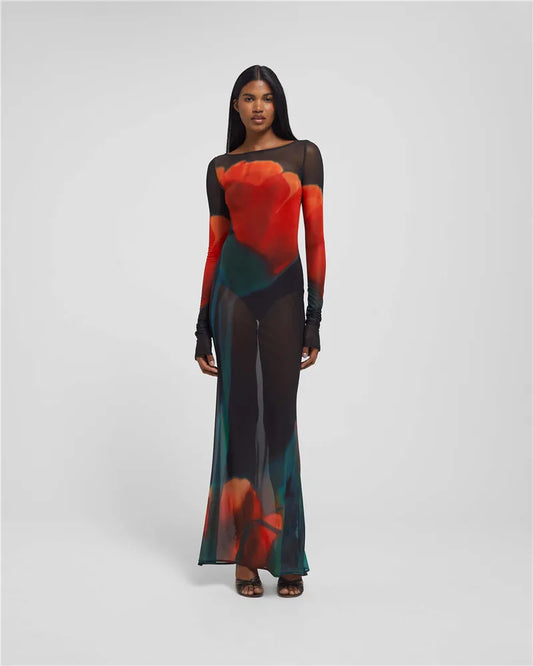 Moz See-Through Mesh Print Sheer Long Sleeve O Neck Transparent Long Dress