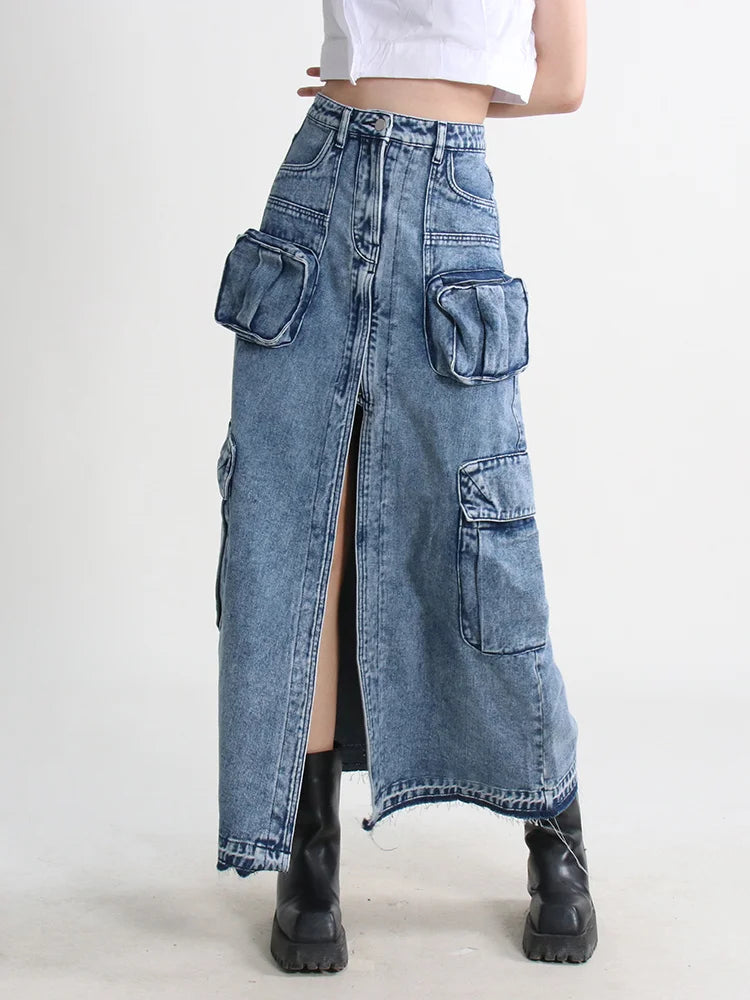 Denim High Waist Patchwork Pocket Skirt