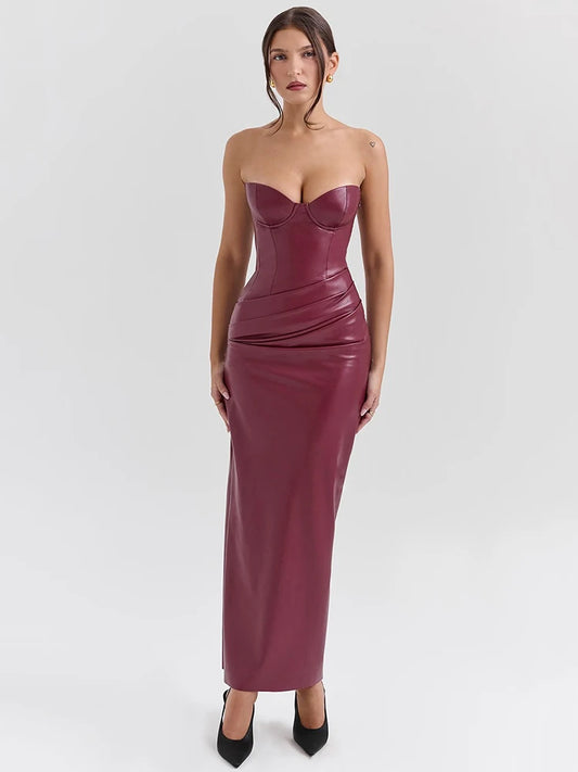 Moz Wine PU Leather Off-shoulder Backless Lace-up Maxi Dress