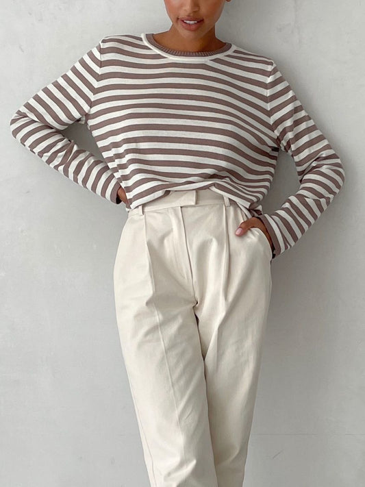 BC Knitted Stripe Loose Pullovers Warm Long-sleeved Round Neck Tops