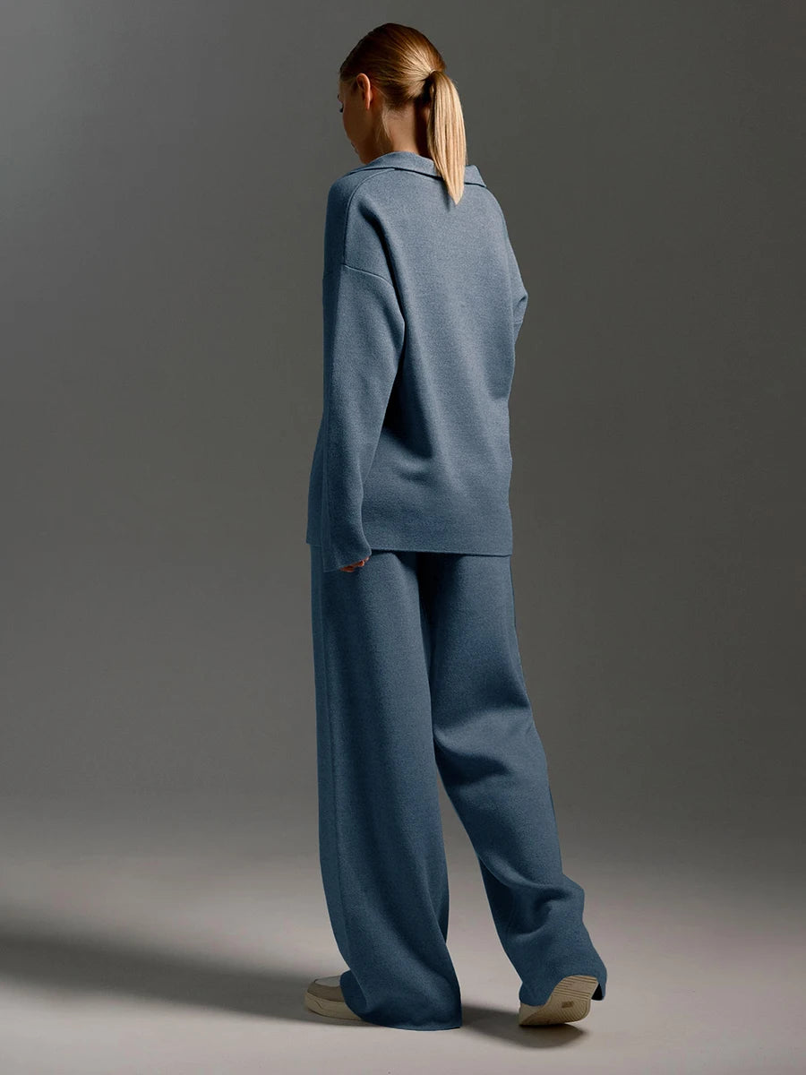 Bony Knitted Suits Soft Sets Polo Neck Sweater & Wide Leg Pants