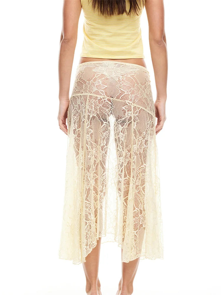 BC Floral Lace Irregular Hem Elastic Low Waist Skirts