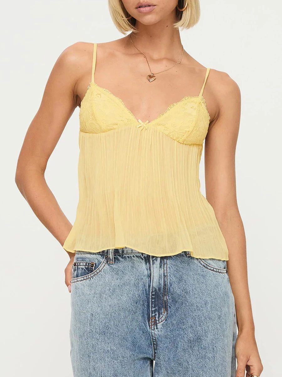 Drew Pleated Cami Mini Bowknot Front Spaghetti Strap V-Neck Lace Cropped Tops