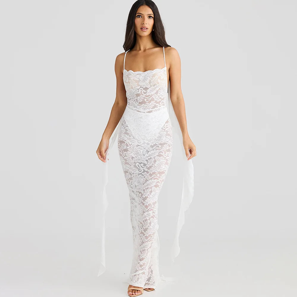 Aris Sleeveless Lace Print Backless Dress