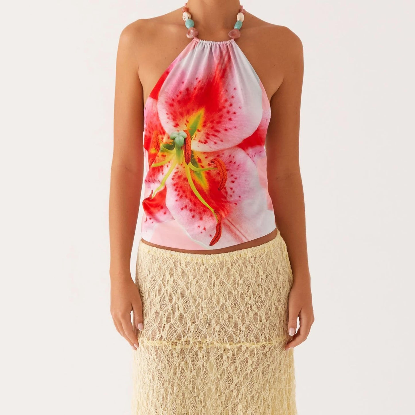 Floral Print Halter Neck Crop Top with Tie-up Open Back Sleeveless